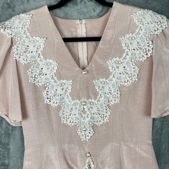 SCOTT McCLINTOCK midi dress 10 tag Pink Pearl Buttons lace cocktail tea wedding - Picture 3 of 14